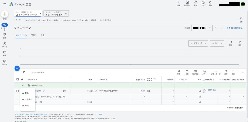Google広告のキャンペーンの画面。Campaign#1編集ボタンクリック時。有効、一時停止、削除がある。