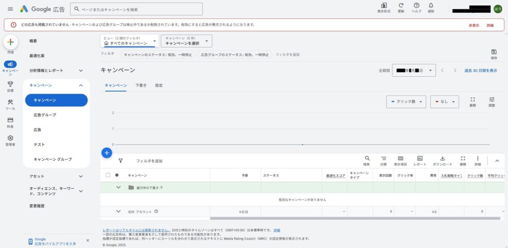 Google広告のキャンペーンの画面。Campaign#1削除完了後の画面。