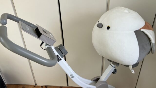 フィットネスバイク開脚時左側面の上部拡大写真。座面にはシマエナガのぬいぐるみが載っている。